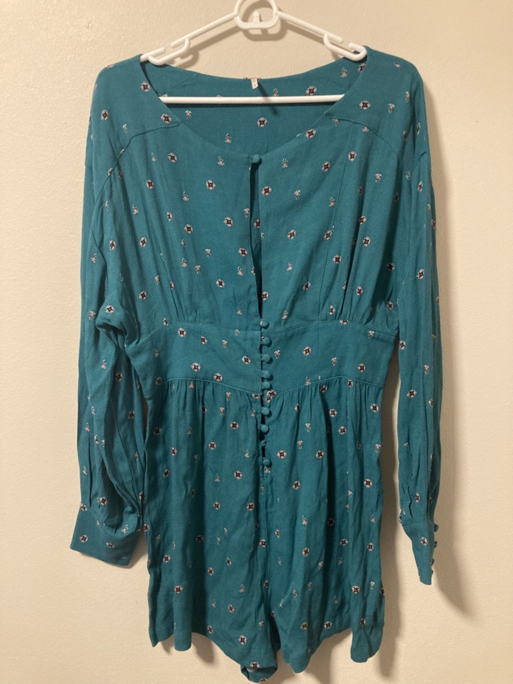 Free People Teal Floral Romper with Button Detail